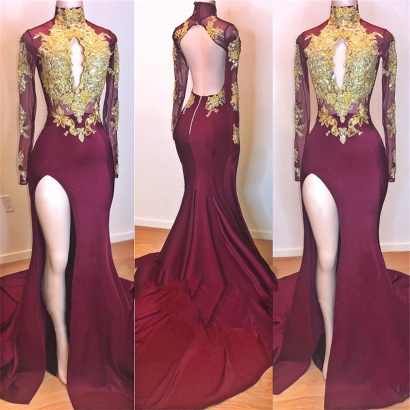 Party Dress Sales, 2024 Amazing Burgundy and Gold Appliques Long Sleeves High Neck Side Slit African American Prom Dresses