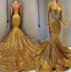 Spring Wedding, 2024 Sexy Mermaid Gold V Neck Backless Long Sleeves Sequence African American Prom Dresses