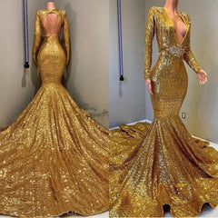 Bridesmaid Dresses Different Color, 2024 Sexy Mermaid Gold V Neck Backless Long Sleeves Sequence African American Prom Dresses