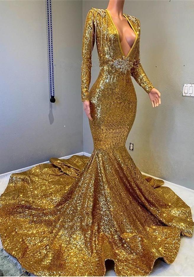 Beach Wedding Dress, 2024 Sexy Mermaid Gold V Neck Backless Long Sleeves Sequence African American Prom Dresses