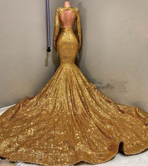 Champagne Bridesmaid Dress, 2024 Sexy Mermaid Gold V Neck Backless Long Sleeves Sequence African American Prom Dresses