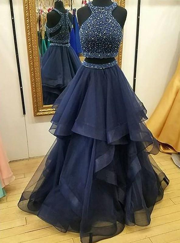 Party Dresses Sale, 2024 Cheap A Line Ruffles Tulle Navy Blue High Neck Two Pieces Prom Dress