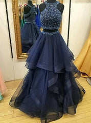 Party Dresses Sale, 2024 Cheap A Line Ruffles Tulle Navy Blue High Neck Two Pieces Prom Dress