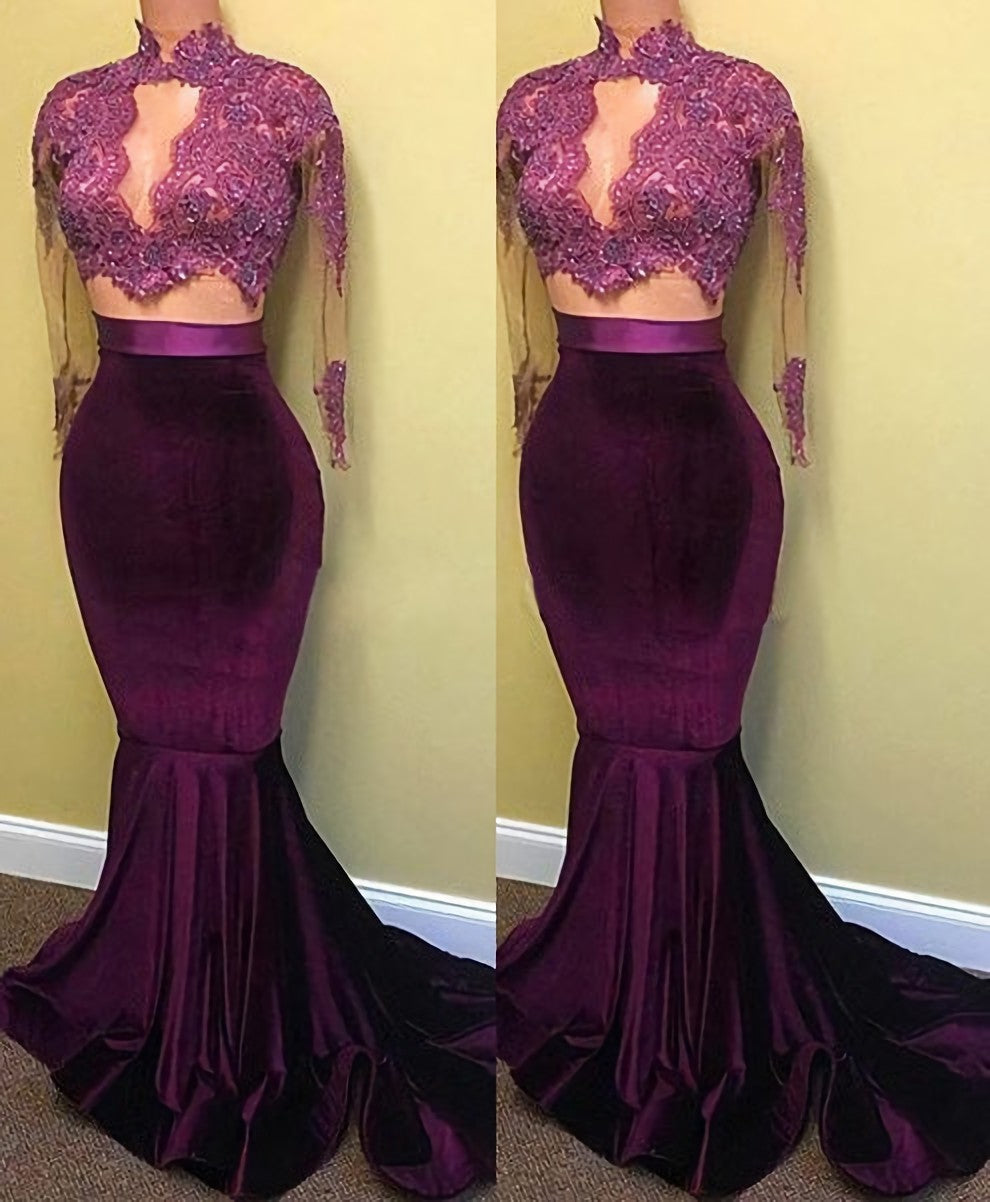 Prom Dress 3 15 Sleeves, Two Piece Long Sleeve Mermaid Turtle Neck Applique Prom Dresses