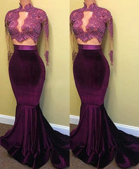 Prom Dress 3 15 Sleeves, Two Piece Long Sleeve Mermaid Turtle Neck Applique Prom Dresses