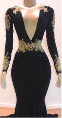 Party Dress Style, 2024 Black Mermaid/Trumpet Long Sleeve V Neck Applique Elastic Satin Prom Dresses