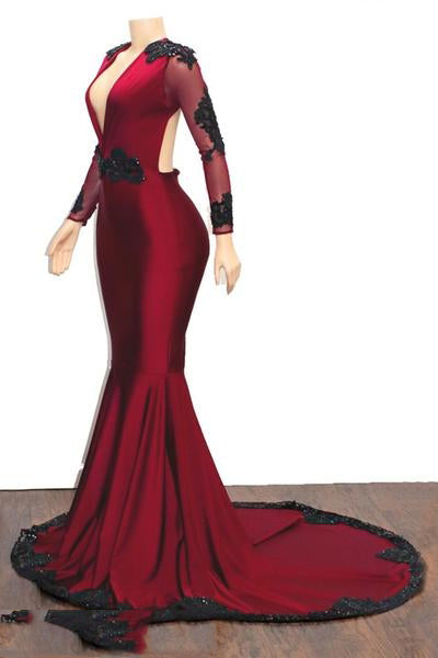 Bridesmaids Dresses Spring, 2024 Elegant Mermaid/Trumpet V Neck Long Sleeve Applique Beaded Backless Satin Prom Dresses