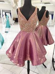 Bridesmaid Dresses Chiffon, 2024 A-Line/Princess V Neck Sleeveless V Back Beading Layers Cut Short/Mini Homecoming Dresses