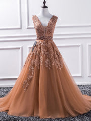 Prom Dresses For Black, Deep V Neck Brown Tulle Appliques Sleeveless Flowers A Line Pleated Long 2024 Prom Dresses