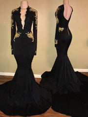 Prom Dress Patterns, Deep V Neck Backless Long Sleeve Satin Black Mermaid Appliques 2024 Prom Dresses