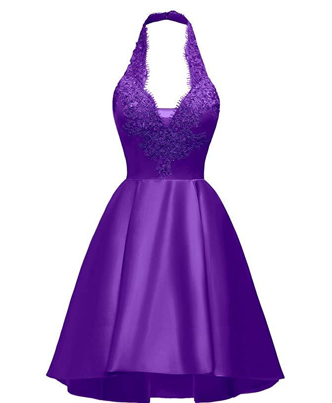 Party Dress In Store, Halter Deep V Neck Satin Appliques Purple Backless Pleated A Line Homecoming Dresses