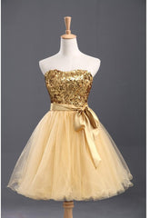 Party Dresses In Store, Strapless Sweetheart Backless Light Yellow Sequins Bow Knot A Line Homecoming Dresses
