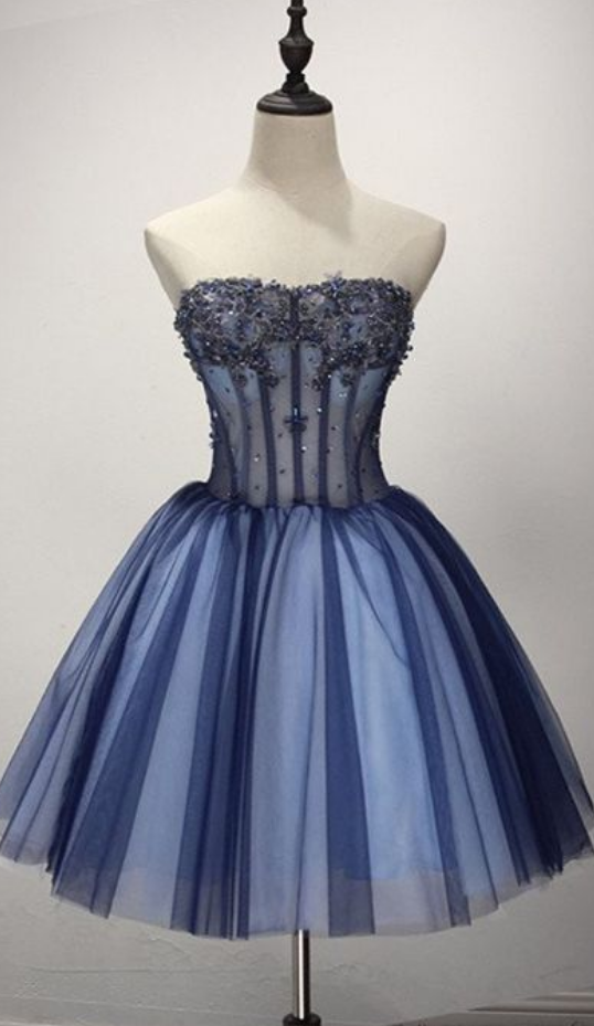 Party Dress, Strapless Appliques Tulle Beaded Pleated Dark Blue Cute Elegant Homecoming Dresses