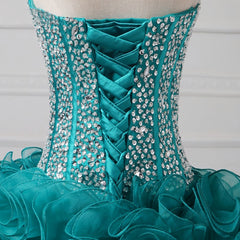 Prom Dress Chicago, Ruffles Strapless Sweetheart Backless Rhinestone Organza Teal Homecoming Dresses