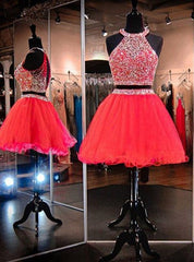 Bridesmaid Dress Colours, Sleeveless Two Pieces A line Pleated Organza Red Halter Rhinestone Backless Homecoming Dresses