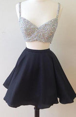 Party Dress On Line, V Neck Two Pieces Sleeveless Rhinestone Sparkle A Line Pleated Chiffon Homecoming Dresses