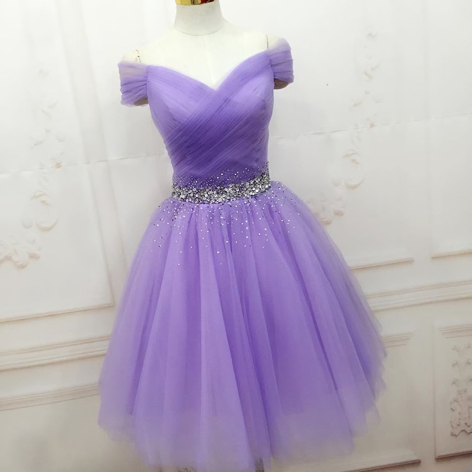 Bridesmaids Dress Chiffon, Off The Shoulder V Neck Lilac Rhinestone A Line Tulle Pleated Ruched Homecoming Dresses