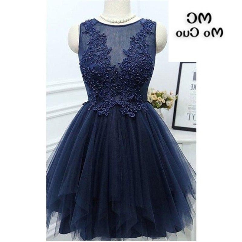 Party Dress Shops Near Me, Jewel Sleeveless Appliques Beading A Line Tulle Sheer Pleated Dark Navy Homecoming Dresses
