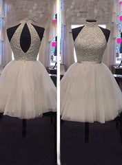 Party Dresses 2034, Tulle Sleeveless Halter Backless Cut Out Pleated A Line White Beading Homecoming Dresses