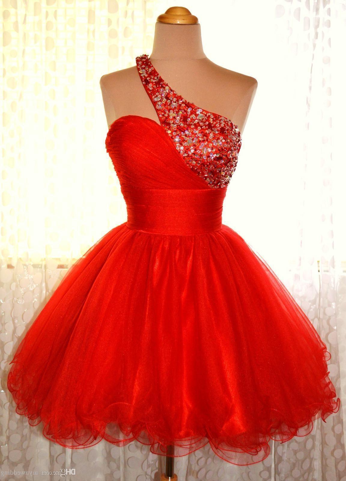 Party Dress Ladies, One Shoulder Red Sleeveless A Line Organza Pleated Rhinestone Homecoming Dresses
