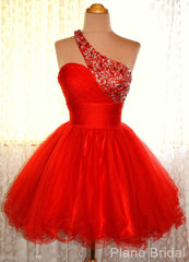 Party Dress Lady, One Shoulder Red Sleeveless A Line Organza Pleated Rhinestone Homecoming Dresses