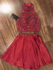 Bridesmaids Dress Fall, Halter Sleeveless Red A Line Two Pieces Beading Satin Pleated Short Homecoming Dresses
