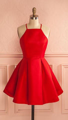 Bridesmaid Dressing Gown, Sleeveless Red Halter Spaghetti Straps A Line Pleated Satin Short Homecoming Dresses