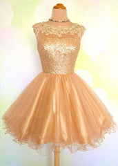 Party Dress Website, Cap Sleeve Jewel Appliques Sequins Sheer A Line Gold Organza Backless Homecoming Dresses