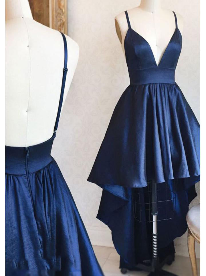 Bridesmaid Dress Summer, High Low Navy Blue Deep V Neck Spaghetti Straps Backless A Line Satin Homecoming Dresses