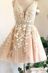 Party Dresses Websites, Deep V Neck Ivory Sleeveless A Line Tulle Lace Appliques Pleated Homecoming Dresses