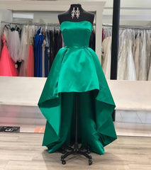 Prom Dresses Chicago, Strapless Sweetheart A Line High Low Hunter Satin Pleated Homecoming Dresses