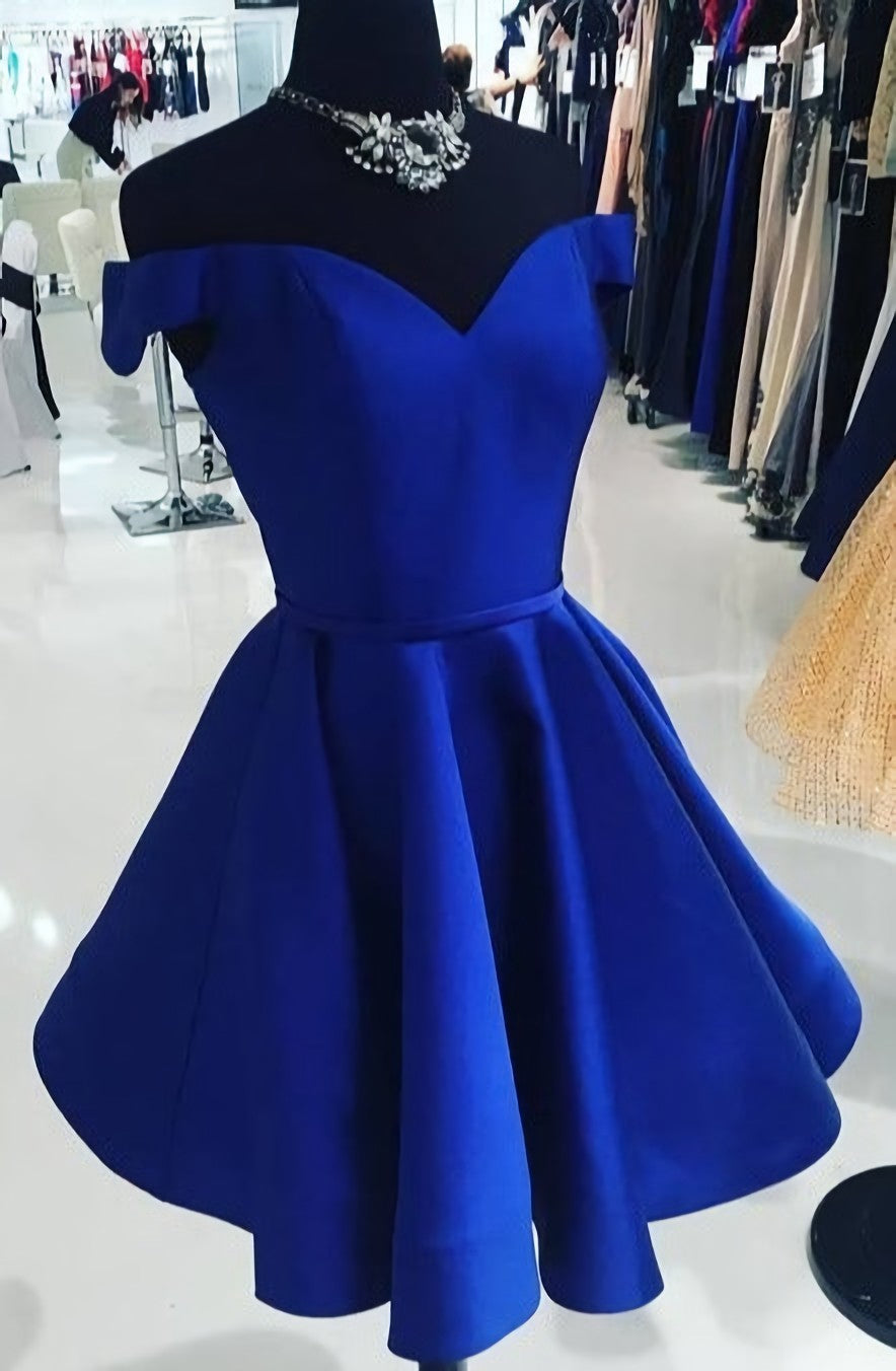 Bridesmaid Dress Tulle, Royal Blue Off The Shoulder V Neck A Line Satin Pleated Short Homecoming Dresses