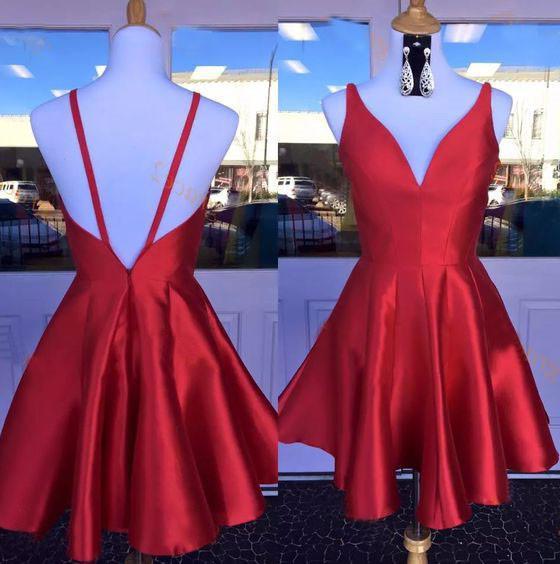 Party Dress For Teens, Deep V Neck Red Straps Backless Sleeveless A Line Satin Pleated Homecoming Dresses