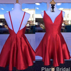 Party Dress For Teen, Deep V Neck Red Straps Backless Sleeveless A Line Satin Pleated Homecoming Dresses