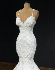 Wedding Dress Elegant Simple, 2024 Sexy Mermaid/Trumpet Spaghetti Straps Sweetheart Satin Applique Wedding Dresses
