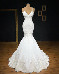 Wedding Dresses Elegant Simple, 2024 Sexy Mermaid/Trumpet Spaghetti Straps Sweetheart Satin Applique Wedding Dresses
