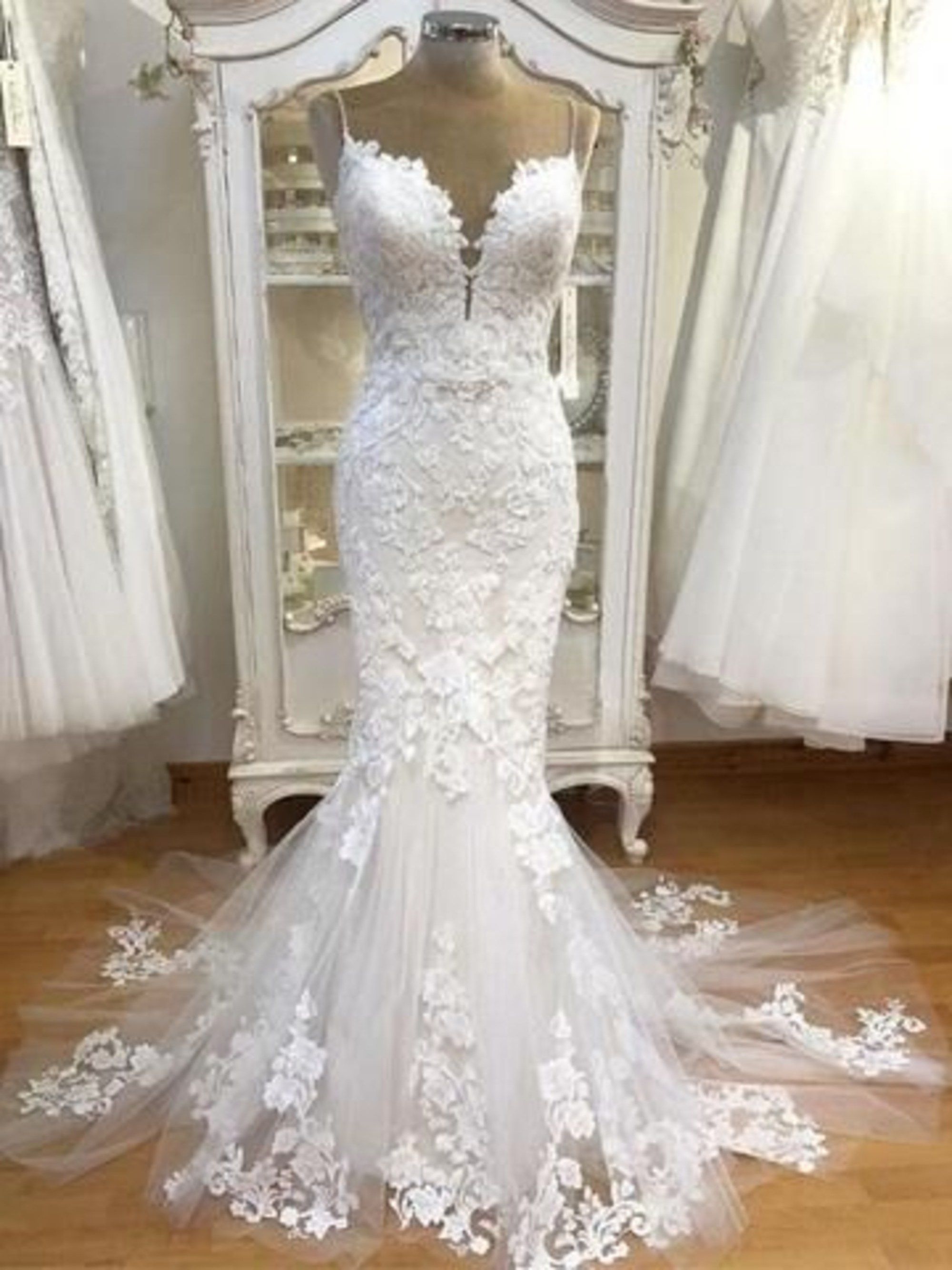 Wedding Dresses Vintage Lace, 2024 Mermaid Sweetheart Lace Spaghetti Straps Wedding Dresses