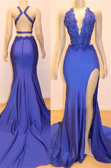 Bridesmaid Dresses Vintage, Amazing Sheath Side Slit Royal Blue V Neck Backless Lace Prom Dresses 2024