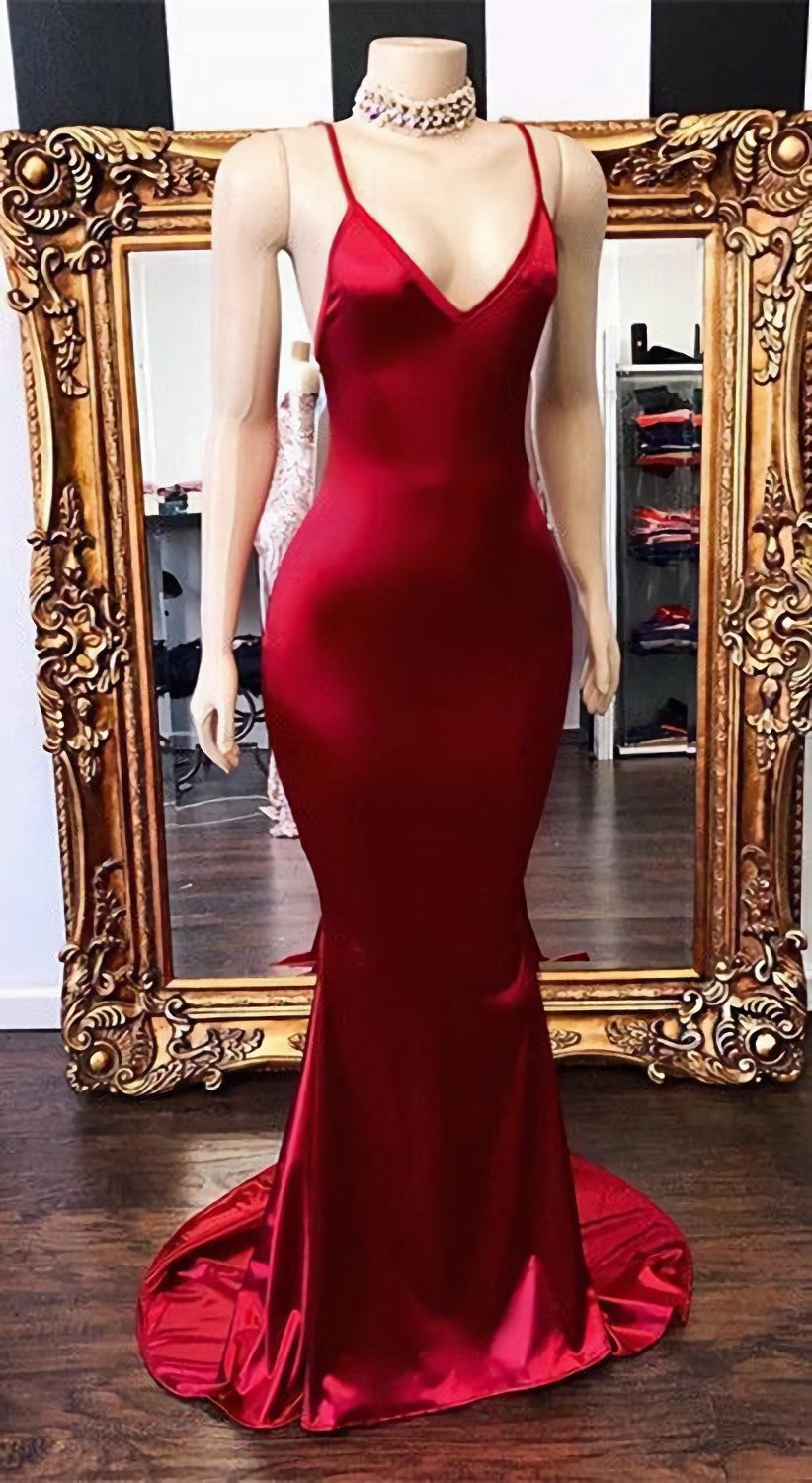 Prom Dresses 11, 2024 New Arrival Red Mermaid V Neck Backless Elastic Satin Prom Dresses