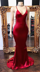Prom Dresses 11, 2024 New Arrival Red Mermaid V Neck Backless Elastic Satin Prom Dresses
