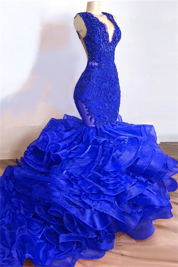 Bridesmaid Dresses Winter, 2024 Royal Blue Mermaid V Neck Organza Layered Lace Long Prom Dresses