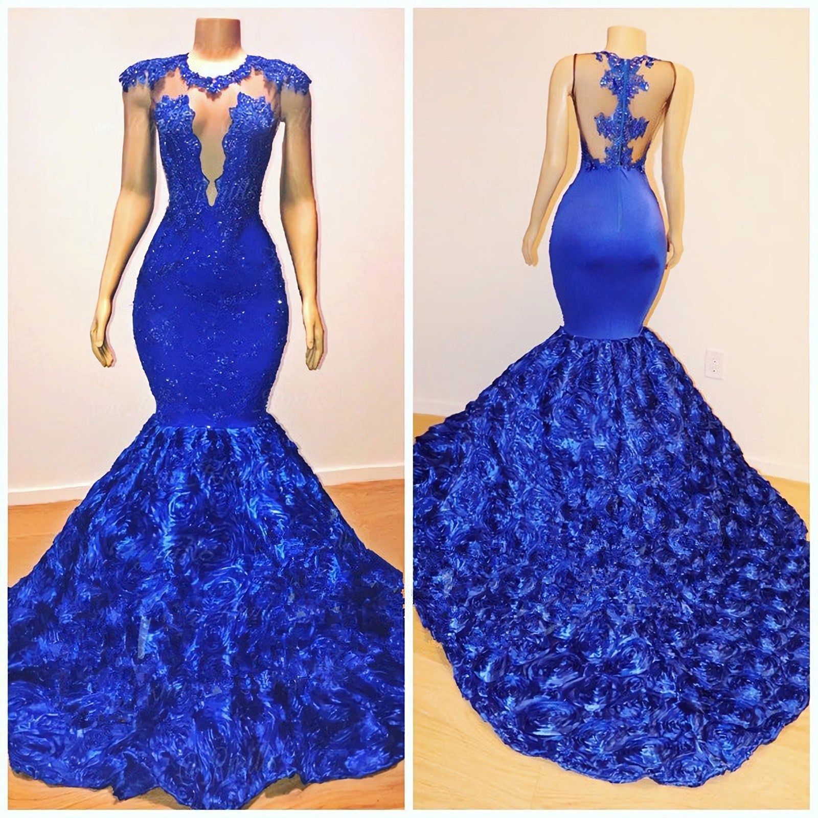 Prom Dresses With Slits, 2024 Mermaid Royal Blue Open Front Rose Lace Prom Dresses