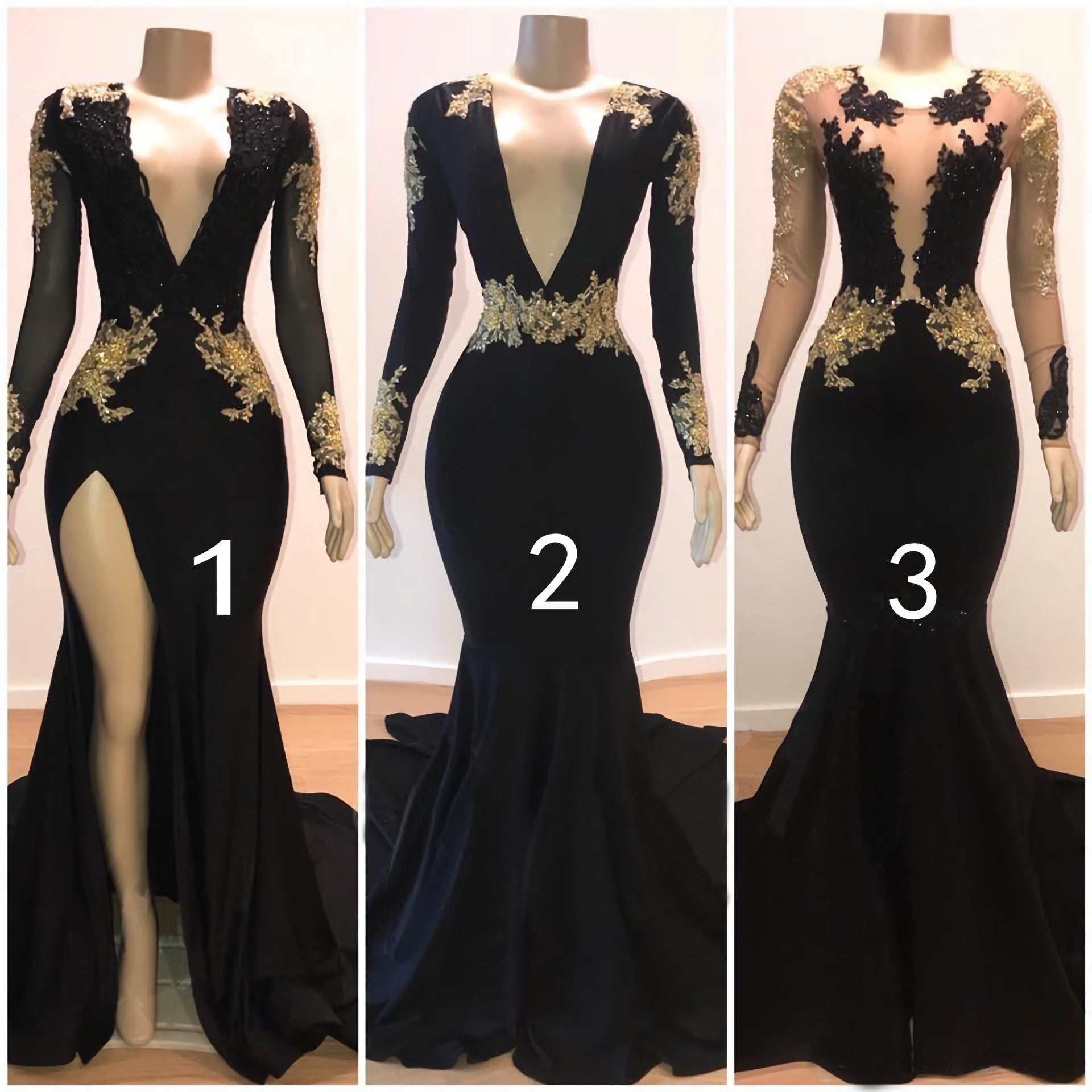 Prom Dresses Country, 2024 Black Mermaid Long Sleeves V Neck Gold Appliques Prom Dresses