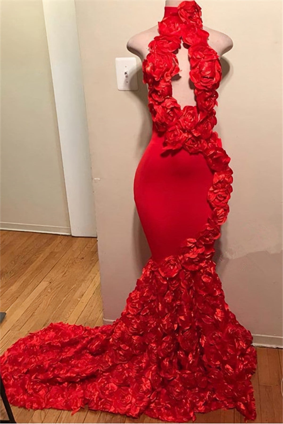 Prom Dress Ballgown, Red Mermaid High Neck Rose Open Front Backless 2024 Prom Dresses