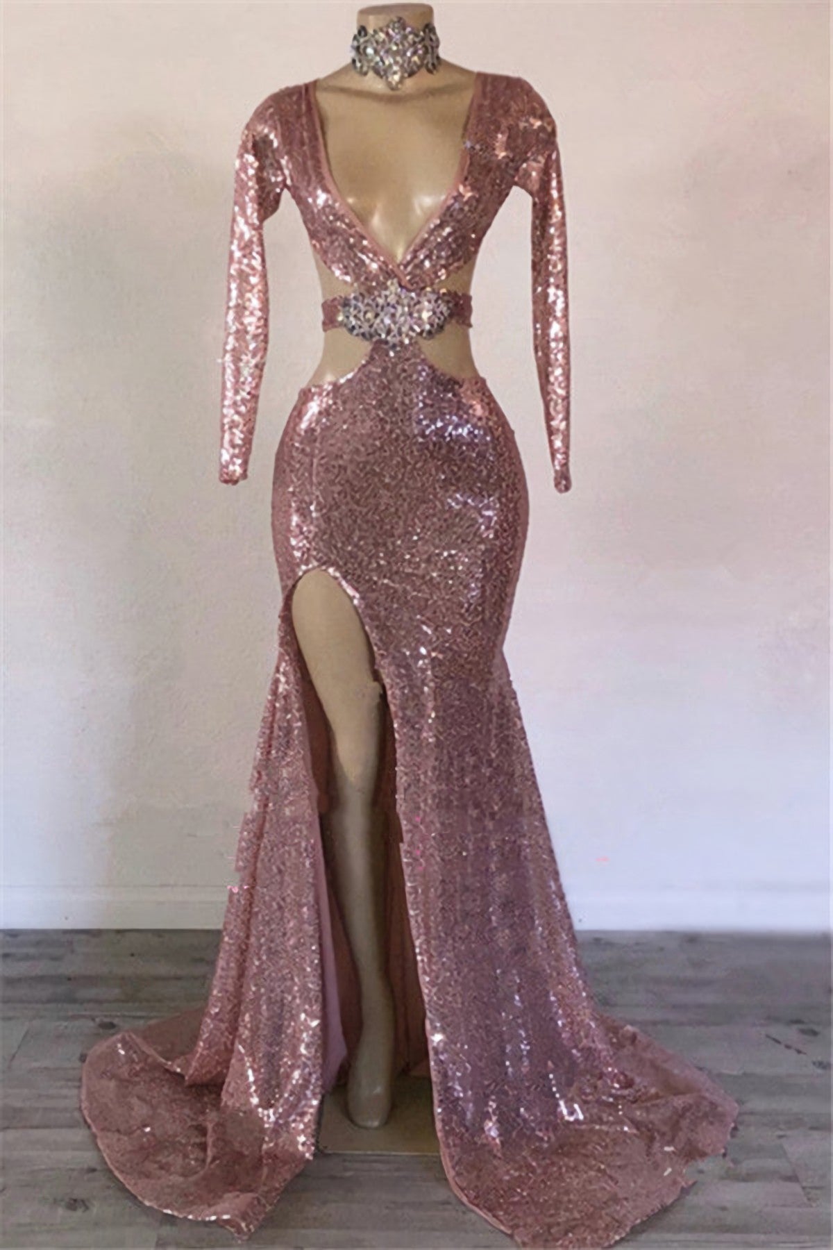 Prom Dress Graduacion, 2024 Sheath Pink Hollow Out Sequence V Neck Long Sleeves Beaded Prom Dresses