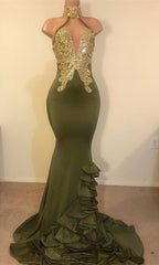 Prom Dress 11, 2024 New Arrival Mermaid High Neck Beaded Green Ruch Backless Prom Dresses