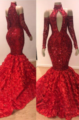 Bridesmaid Dress Mismatched, Charming Mermaid High Neck Red Long Sleeves Hollow Out Open Front Lace Prom Dresses 2024