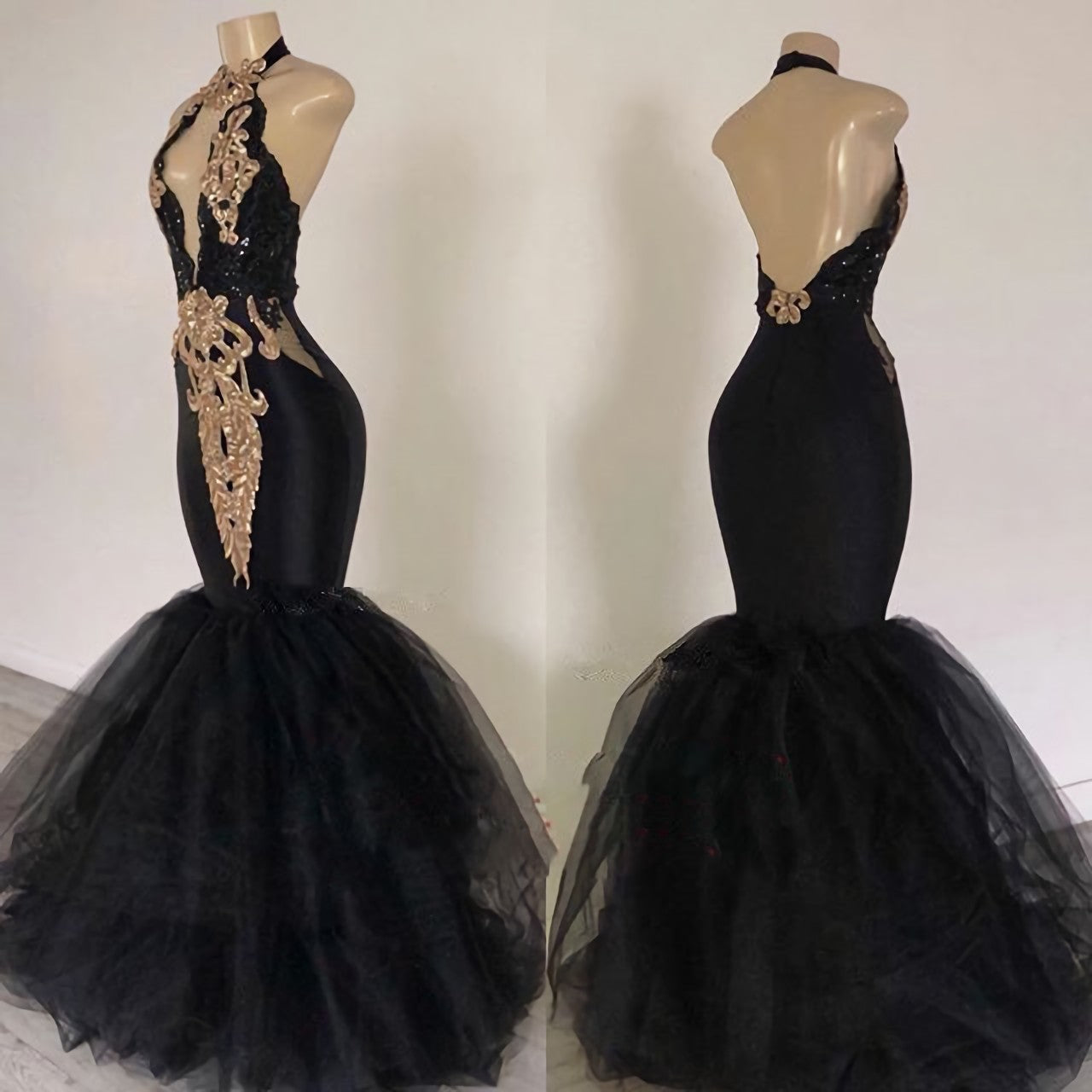 Bridesmaid Dresses With Sleeve, 2024 Sexy Prom Dresses, Black Mermaid Tulle With Gold Appliques V Neck Backless