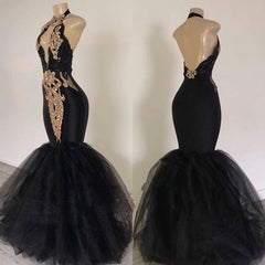 Bridesmaid Dresses With Sleeve, 2024 Sexy Prom Dresses, Black Mermaid Tulle With Gold Appliques V Neck Backless