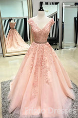 Bridesmaid Dresses Website, Pink Sleeveless V Neck Tulle Lace Applique Long Prom Dresses